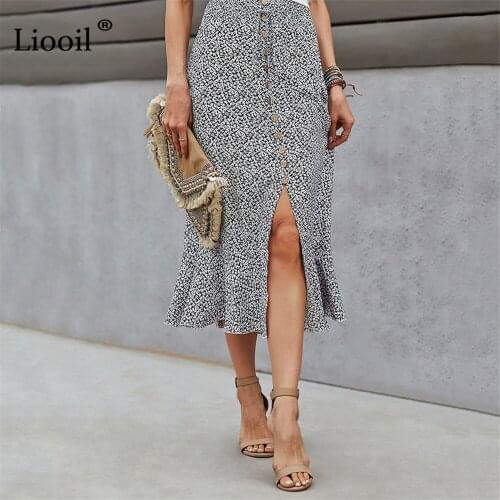 Liooil Ruffle Maxi Slit Skirt For Women Ladies With Button Casual Floral Print Skirt Elegant Summer Vacation Long Skirts 2021