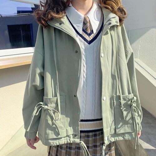 Women Cargo jacket Hoodie Korean style preppy style sweet bow zipper long sleeve coat Harajuku Kawaii Oversize outerwear album