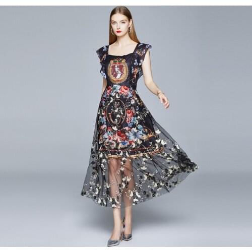 Womens Dresses Office Lady Mid-Calf Empire Embroidery Short A-Line Elegant Dresses Print 2020 New Lady Party Night Summer Dress