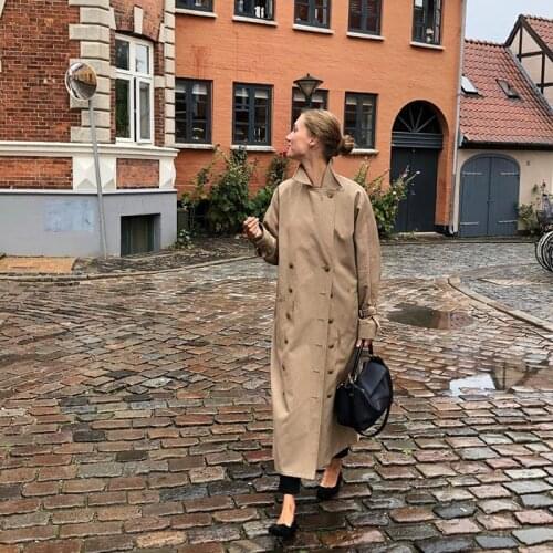 Women Trench Coat Black/ Khaki Overcoat Casual Cotton Double Breasted Long Women Jacket with Belt on Sleeve