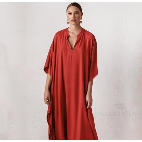 2021 Long Red Kaftan Plus Size V-neck Maxi Dress Summer Clothing Women Beach Wear Swim Suit Cover Up robe de plage sarong Q1344