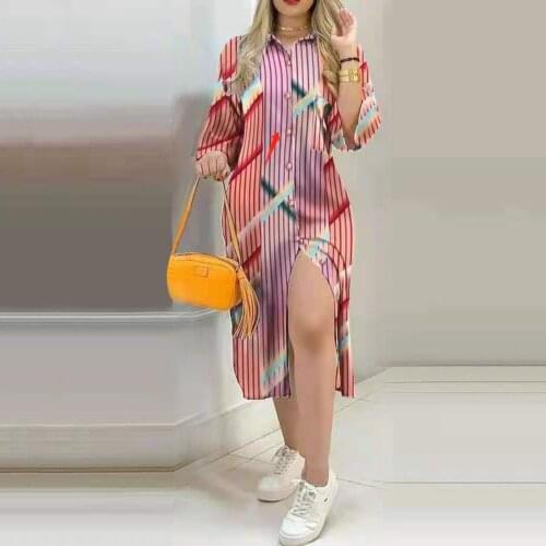 Fall Street Lady Midi Dress Fashion Striped Print Long Sleeve Casual High Split Shirt Dresses Elegant Women Clothes 2021 Vestido