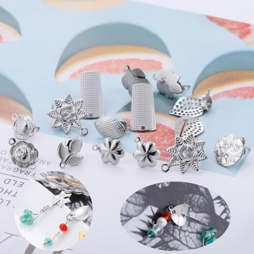 10Pcs/Lot Stainless Steel Earring Base Geometric Flowers Earring Stud with Plug Connector for DIY Jewelry Making Accessories