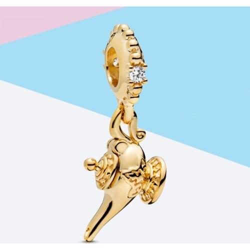 100% 925 sterling silver jewelry pendant magic lamp charm gold color bead fit original bracelet & necklace making for women gift