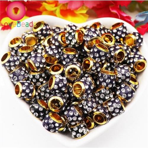 20Pcs Gold Color Crystal Rhinestone Pave Resin Beads Fit Pandora Bracelet Bangle Snake Chain for DIY Jewelry Making Accessories