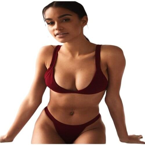 2021 European and American New Style Two-Piece Swimsuits Solid Color Sexy Bikini Hot Bikini Swumsuit Woman V Waist Thong Bikini