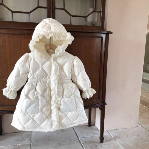 2021 Winter Long Coats Girls Kids Velvet Cotton Padded Thick Warm Coats Elegant Baby Ruffles Hooded Overcoats Children Clothing