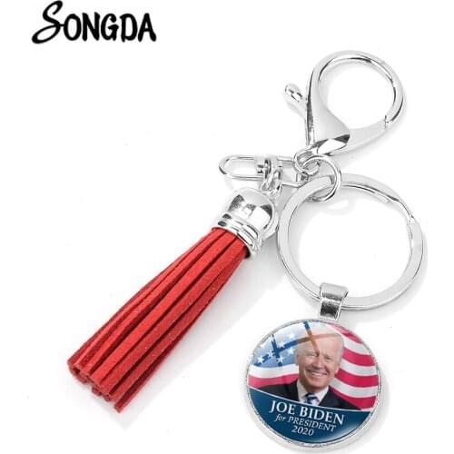 Joe Biden For President 2020 Red Tassel Keychains American President Election Art Photoe Glass Dome Key Ring Fans Jewelry
