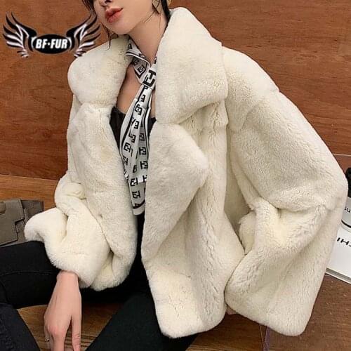 BFFUR Import Whole Skin Real Fur Coat Women Fashion Suit collar Rex rabbit Fur Short Loose 2020 New Winter Jacket Female Warm