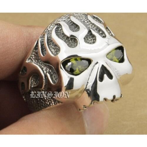 US Size 7 ~ 15 Huge Heavy Solid 925 Sterling Silver Fire Skull Black Olive CZ Eyes M8D