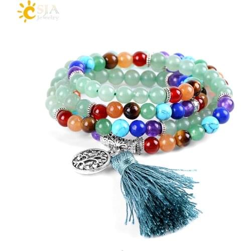 CSJA 108 Meditation Green Aventurine Multi-layer Bracelets 7 Chakra Yoga Balance Natural Round Mala Bead Life Tree Healing E658