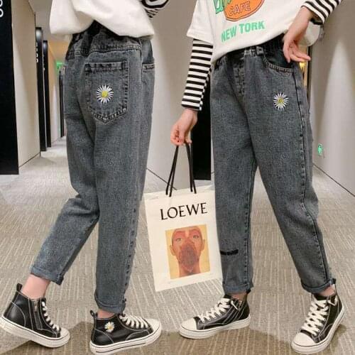 Childrens Trousers Cartoon Print Denim 3-10 Year Jeans For Girls Spring Autumn Baby Girl Jeans With Holes Cotton Fashion