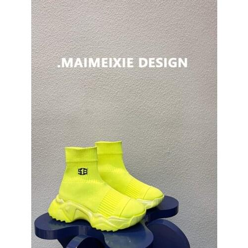 European Station Elastic Knit Breathable Socks Boots Women 21 Thick Bottom Height Increasing Leisure Sports High-Top Shoes Women