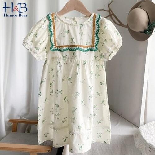 Humor Bear Girls Dress Summer New Puff-Sleeve Floarl Printed Ruffle Parchwork Princess Party Dresses Toddler Kids Clothes