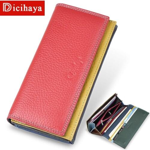 DICIHAYA Genuine Leather Women Clutch Wallet Color Matching Female Coin Purse Long Phone Bag Card Holder Handy Passport Holder
