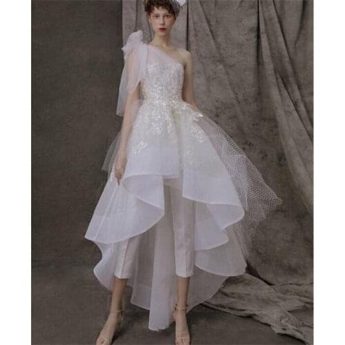 Elegant 2021 Wedding Dresses Bridal Gowns Jumpsuits Ankle Length One Shoulder Lace Appliqued Tulle Customize Pant Suits