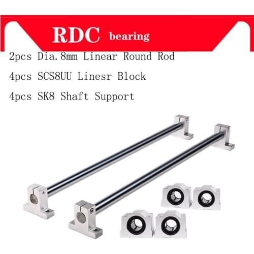 Linear Round Rod 2pcs Dia. 8mm Linear Shaft Rod + 4pcs SCS8UU Linear Motion Block Bearing +4pcs SK8 Linear Shaft Support