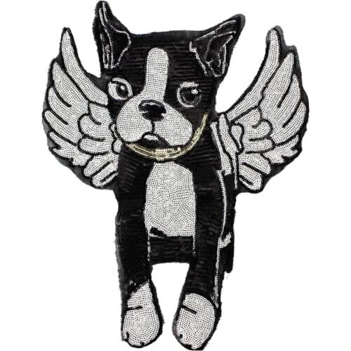 New arrival Dog Bulldog Angel wing Embroidered Animal Patch Sew On For Clothes Badge DIY Sequin Applique For T-shirt Stickers