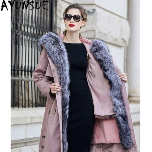 AYUNSUE 2020 Parka Real Fur Coat Winter Jacket Women Rabbit Fur Liner Long Jackets for Women Fox Fur Collar Warm Overcoat MY4200