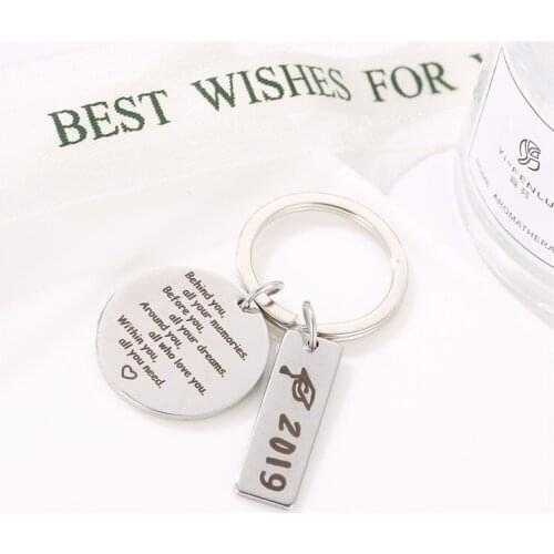 Graduation Gift Stainless Steel Round Circle Rectangle Black English Words Key Chains for Women & Men & Students
