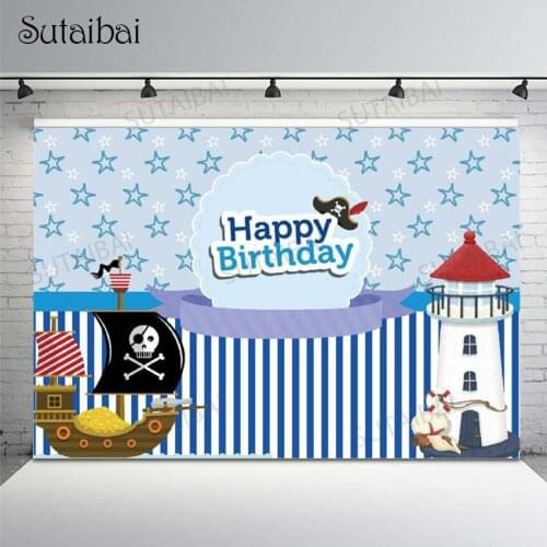 Happy Birthday Pirate Ship Skull Sail Treasure Background for Photography Blue White Lighthouse Navigation Theme Party Backdrop