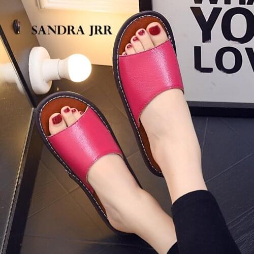 SANDRA JRR Men Women House Slippers Solid Genuine Leather Slippers Open Toe Flat Heel Home Floor Shoes Anti Skid