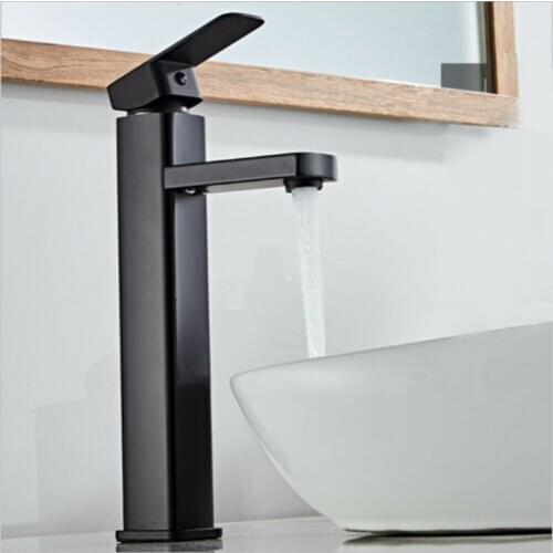 Modern Bathroom High Rise Countertop Basin Sink Mixer Tap Stainless Steel Black Hot And Cold Water Faucet
