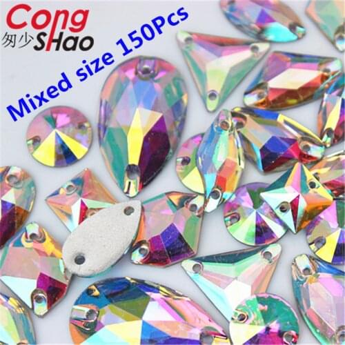 Cong Shao Mix 10 Size Shape Crystals AB Rhinestones trim Flat Back sewing 2 Hole Stones Resin Beads For DIY Wedding Dress YB668