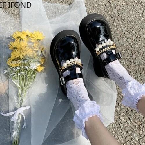 IF IFOND Metal Chains Patent Leather Flats Lolita Women Shoes Chunky Platform T Strap Mary Jane shoes Woman Ankle Buckle Pumps