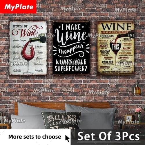 [MyPlate]3Pcs Wine Metal Sign Vintage Plaque Tin Sign Bar Decor Man Cave Decor Club Plate Kitchen Poster Mom Gift