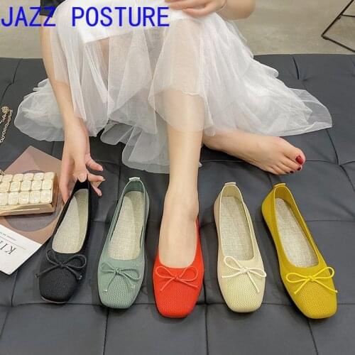 Womens shoes 2021 bowknot flat shoes soft sole pregnant womens scoop shoes square toe knitted shoes trendy womens pea shoes 7
