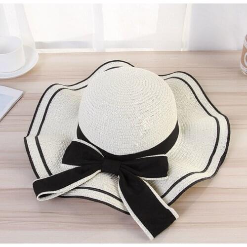 2019 New Fashion Panama Hat Large Wave Brim Sun bonnet Straw Hats Womens Summer Sun Hat Bow-Knot Ribbon Foldable