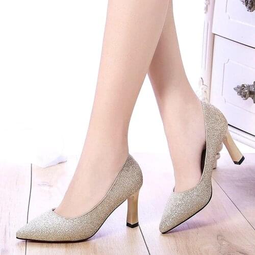 Women Wedding Shoes Sequined Cloth High Heels Dress Shoes Pointed Toe Pumps Bling Ladies Shoes Square Heel Silver Black 8517G