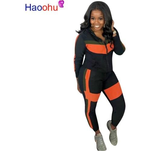 Contrast Color Causal Two Piece Matching Sets Women Long Sleeve Zipper Front Crop Jacket + Long Trousers Winter Plus Size Set