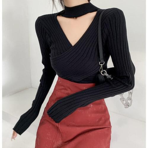 Womens Knitted Pullover Sexy V Neck Cross Vertical Stripes Hollow Long Sleeves Slim Tops Wholesale Autumn Trendy Lady Clothing