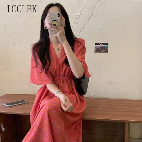 2021 Elegant Floral V-Neck Waist Lace Loose Waist Slim Puff Sleeve Summer New One-Piece Korean Womens Casual Office Midi Dress