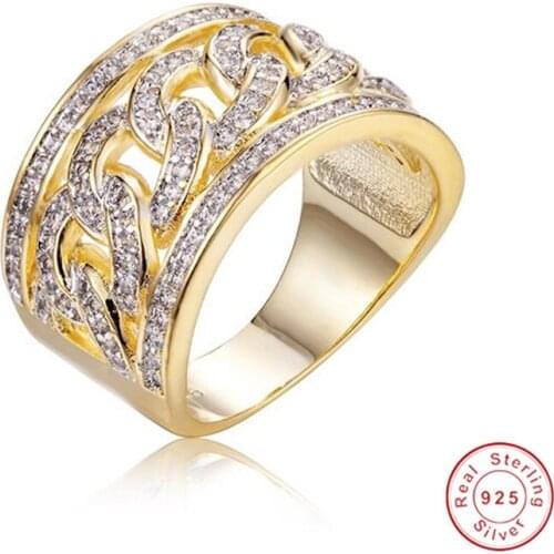 Lady Punk Gold Jewelry Brand Hollow out Chain Ring 925 Sterling Silver Rings For Women Men Sparkling Simulated Diamond 14K gold