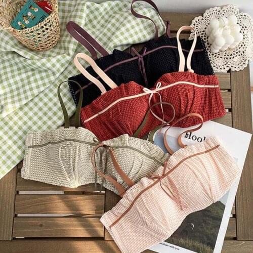 Wasteheart Women Fashion Red Green Lingerie Bow Bralette Soft Panties Push Up Wireless Half Cup Invisible Bra Sets Underwear