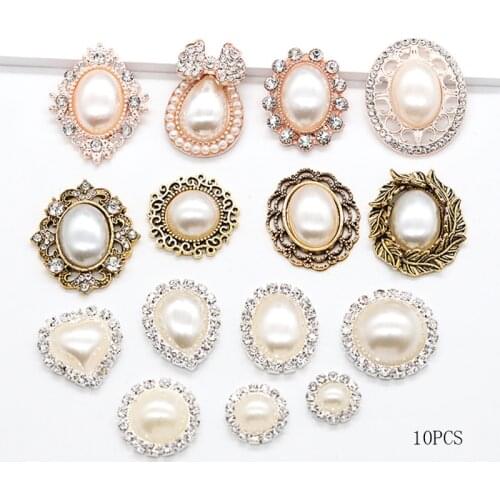 10Pcs Ivory White Pearl Series Metal Buttons, Crystal And Pearl Decorative Buttons, Flower Center Handmade Accessories Flat