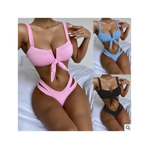 2021 Sexy V Shaped Ribbed Knotted Bikini Female Swimsuit Two-pieces Bikini Suit Swim CS6172 Women Two Pieces Cn(origin) Ciktidin
