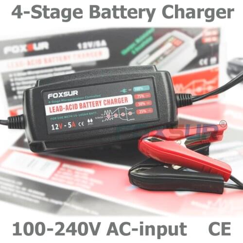 FOXSUR 12V 5A Automatic Smart Battery Charger, Maintainer & Desulfator for Lead Acid Batteries, Car Battery Charger 100-240V In