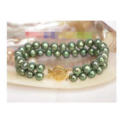 FREE SHIPPING HOT sell new Style >>>>8" 2row 9mm round green freshwater pearls bracelet