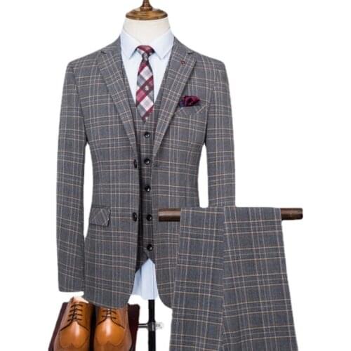 Blazers+Pants+Vest) Sets Spring Autumn New Fashion Lapel Suits Mens Casual Business Plaid 3 Piece Suit Jacket Coat Trousers