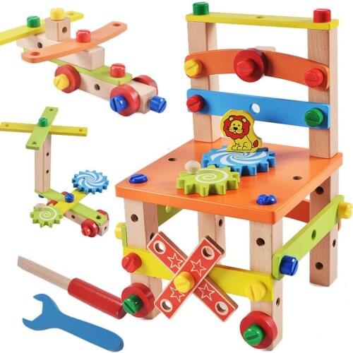 Wooden Block Pretend Play House Toy DIY Manual Disassembly Nuts Chair Tool Kit Preschool Early Childhood Puzzle Educational Toys