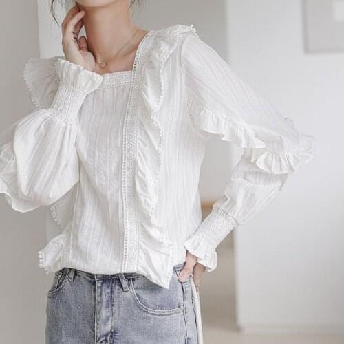 QOERLIN Design Lace Hollow Out White Shirts Girly Chic Flare Sleeve Autumn Tops Blouse Irregular Ruffles Blouse Women Plus Size