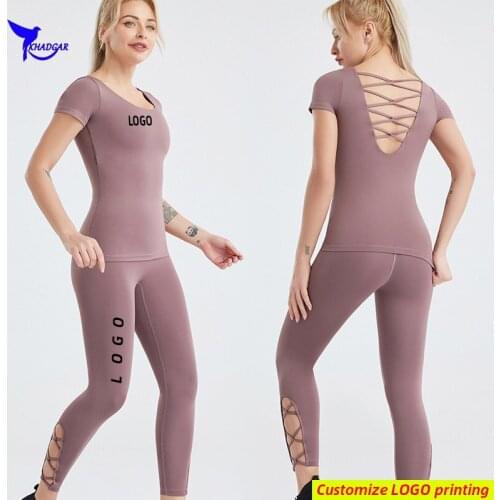 Gym Leggings+Built In Bra Shirts 2 Pcs Running Set Quick Dry Short Sleeve Sports Suit Women Yoga Sets Workout Sportswear Custom