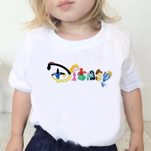 Girl Boy T Shirt Disney Princess Print Letter Kids T-shirt Casual White Short Sleeve Tops Summer Harajuku Clothing Dropship