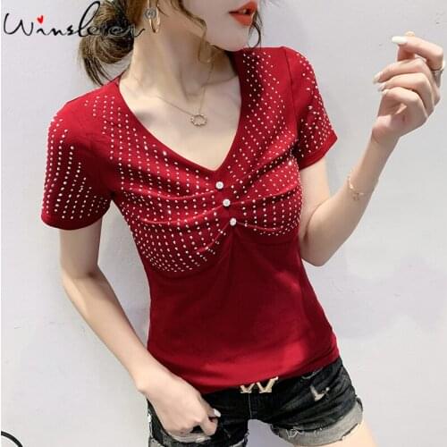 Summer Korean Style T-Shirt Fashion Shiny Diamonds Women Tops Short Sleeve Sexy Back Bottoming Shirt Slim Tees New 2021 T14425A
