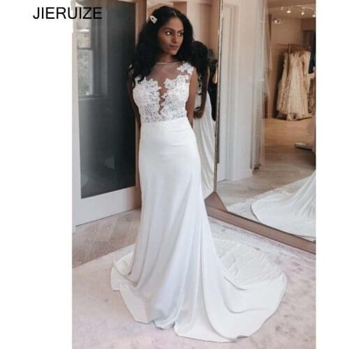 JIERUIZE African Beach Wedding Dresses Sheer Scoop Neck Lace Appliques Button Back Modest Mermaid Bridal Dresses robe de mariee