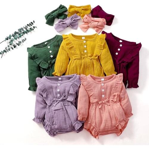 Newborn Girls suit Baby Girl 100% Organic Cotton Long Sleeve Ruffle Romper Girls Bowknot Lace Jumpsuit 2021 New